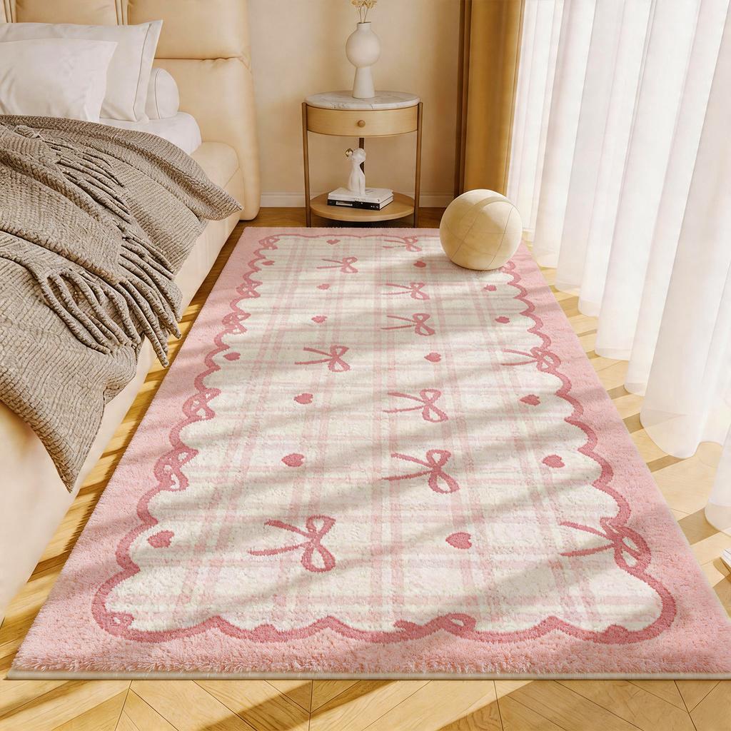 Bow Plaid Pattern Rugs for Bedroom Thicken Plush Bedside Floor Mat Washable Living Room Decoration Carpet Fluffy Soft Lounge Rug
