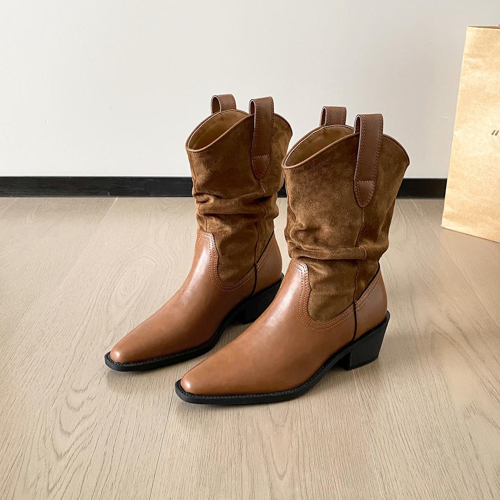 Maillard Knight Pile Pointed Boots Children 2025 Autumn and Winter New Coarse Heel Short Boots Medium Tube Retro Western Cowboy