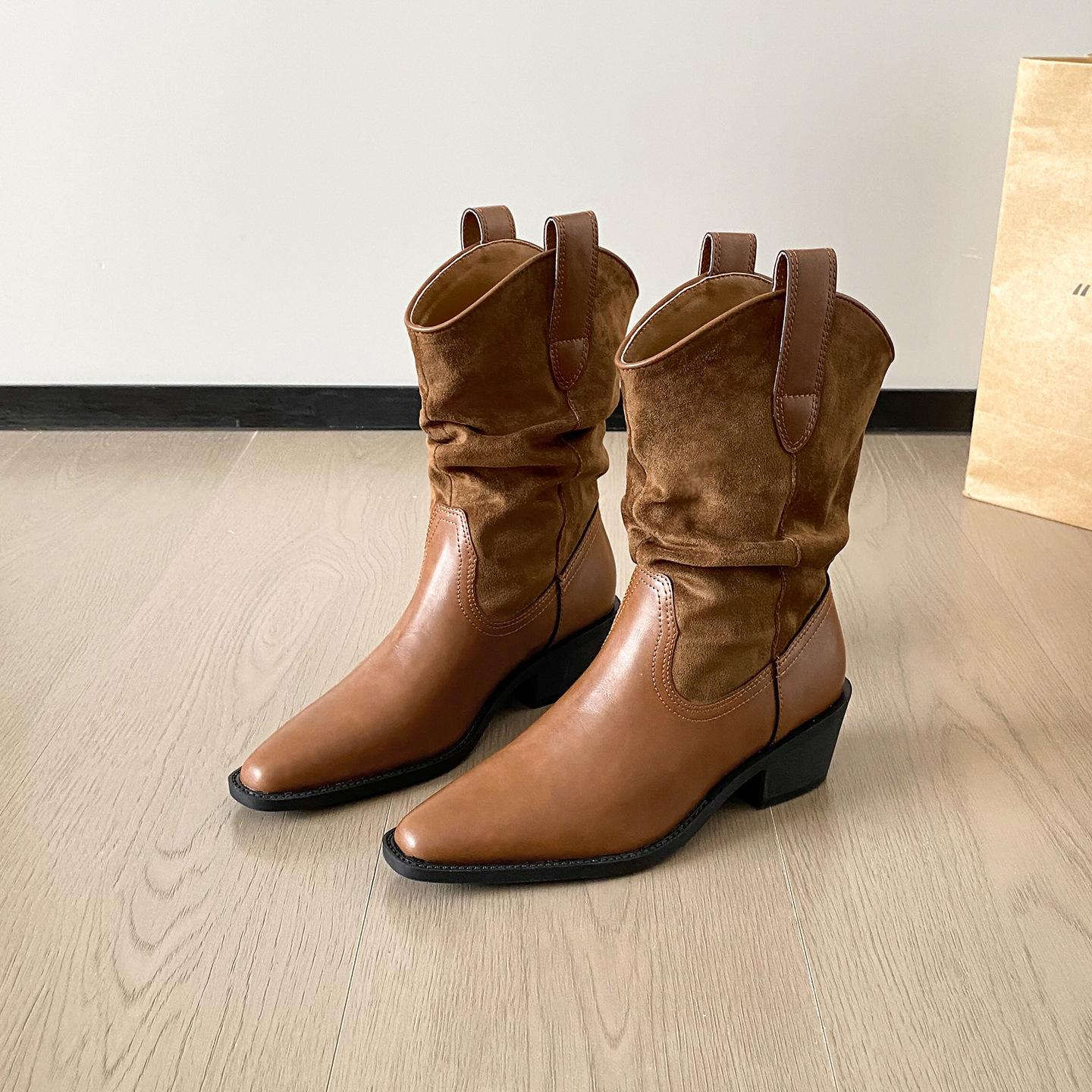 

Cowhide version~ Maillard short boots women s 2025 autumn and winter retro thick-heeled knight boots sleeve genuine leather western cowboy boots 39