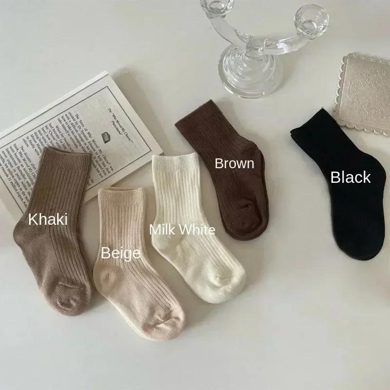 5Pairs/lot Solid Kids Socks Casual Baby Girls Boys Soft Breathable Cotton Stripe Autumn Toddler Knitted Children Socks for 1-8Y