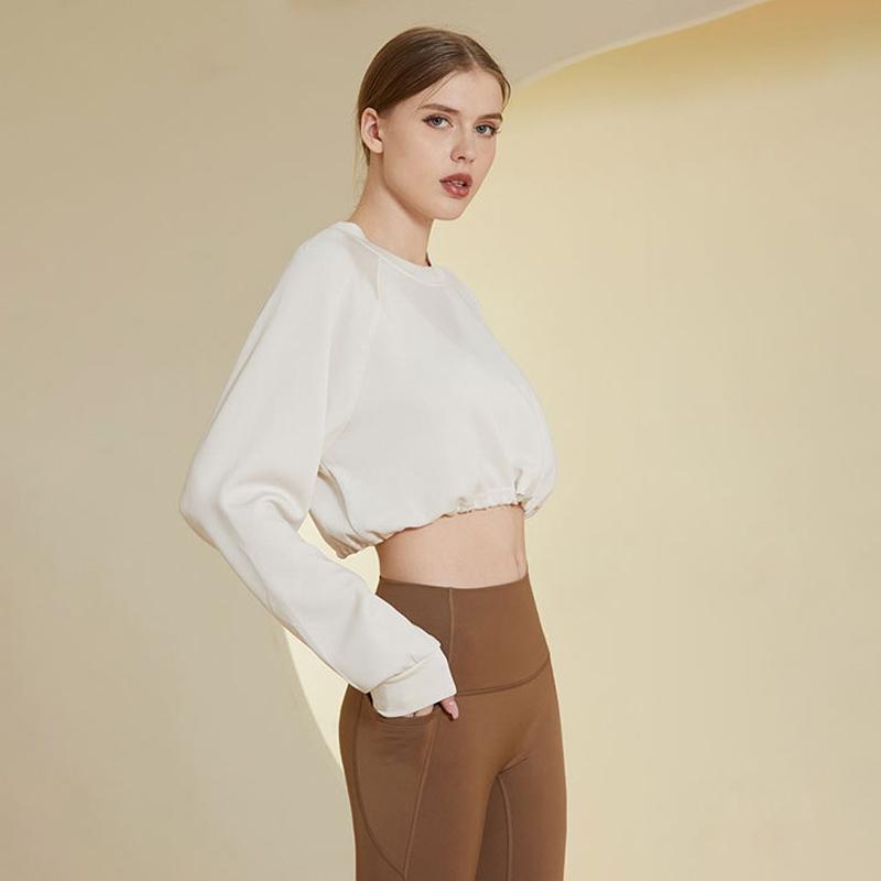 Loose Fit Langermet Yoga Sportsgenser Solid Stilig snøring avkortet topp Fitness-løpetopper