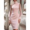 Women's European American Style Mesh Patchwork Dress High Neck Lantern Sleeve Bodycon Hip Wrap Evening Party Dinner Gown