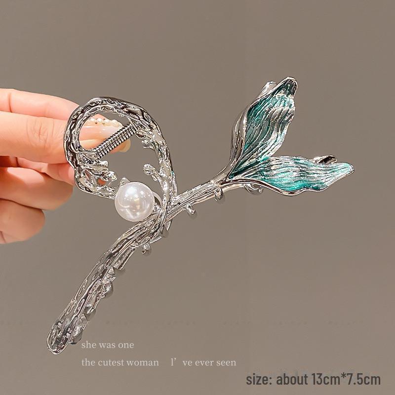 

«Металлическая заколка для волос «Рыбий хвост» с жемчужинами 13 см — большая заколка в форме акулы для объема и пучков»