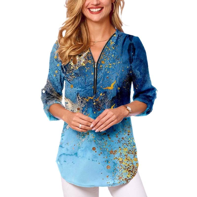 

IHUASU Женская свободная рубашка с длинным рукавом и застежкой-молнией и V-образным вырезом больших размеров XXXXXL аквамарин