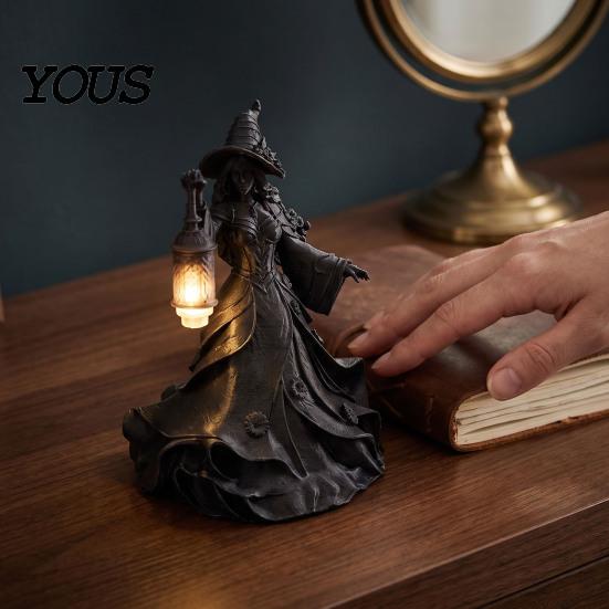 Festive Party Centerpiece Halloween Witch Lamp Figurine, Stained Glass Hat Night Light, Gothic Table Dark Holiday Decoration Resin Spooky Lantern for