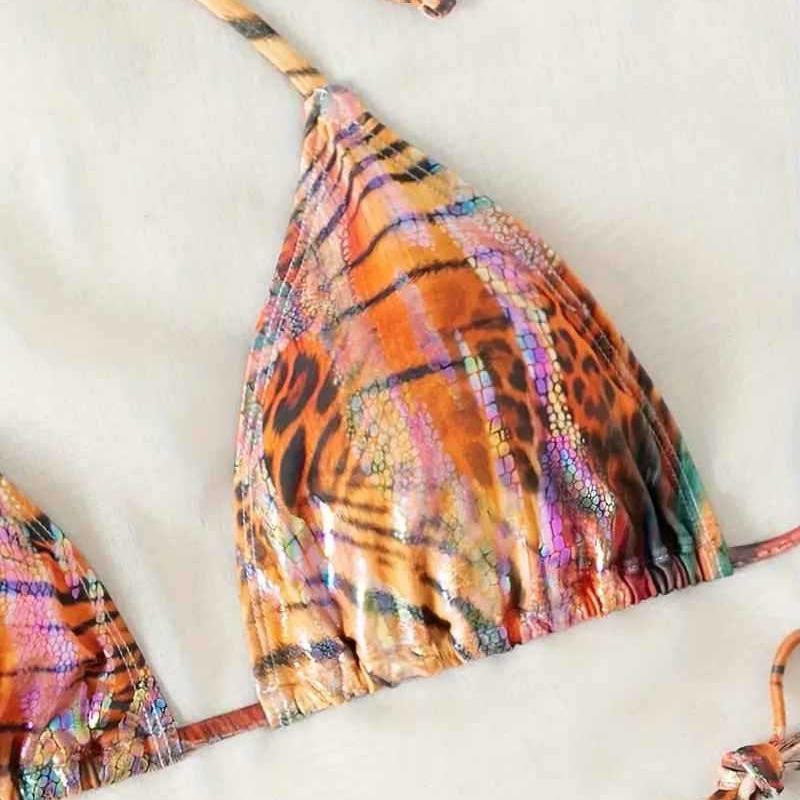 Women Colorful Tiger Leopard Print Bikini Set Shiny Metallic 2 Piece Tie Side Swimsuit