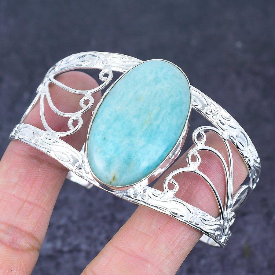 Natural Amazonite Gemstone 925 Sterling Silver Cuff Bangle Adjustable N4G59