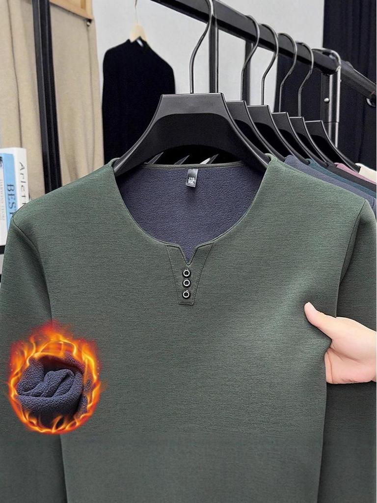 2025 Men's V-Neck Long Sleeve Plus Velvet Thickened T-shirt - Autumn/Winter, Youth Plus Size, Solid Color Base Layer