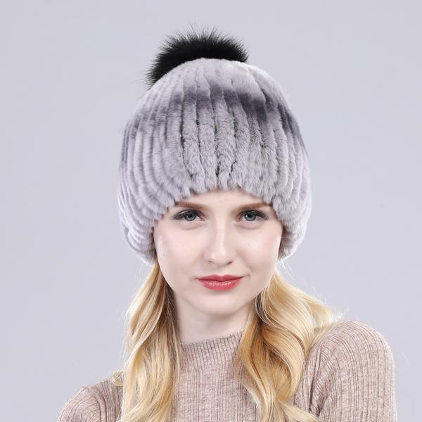 Winter hat Good elasticity women knitted 100% real rex rabbit fur cap with fox fur pompoms Natural rex rabbit fur lady warm hats