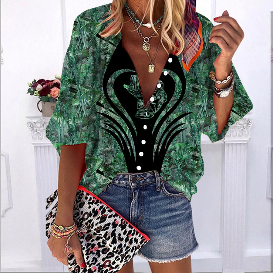 2023 sommer Herbst Neue Mode frauen Tops Liebe Fisch Gedruckt Halbe Hülse Casual Plus Größe Taste-unten Hemd mit Blase Ärmeln