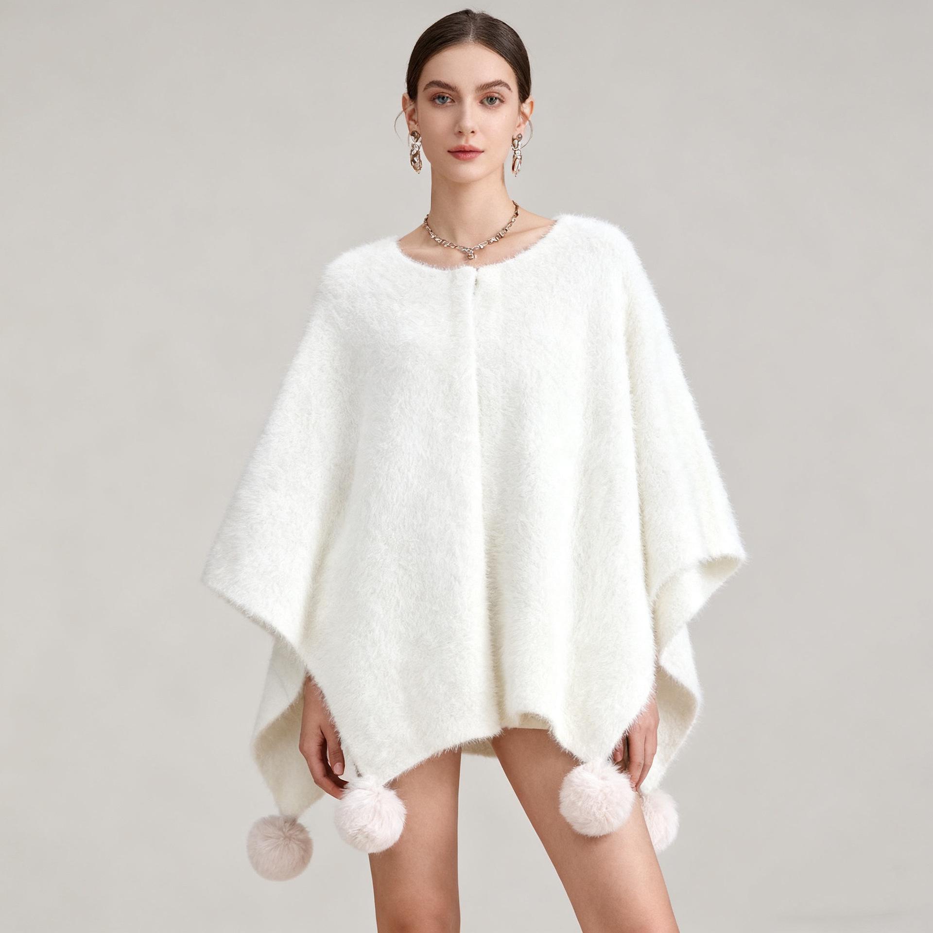 

New Style Faux Mink Fur Collar Knitted Cape Shawl Fashionable Outerwear Fur Ball Cape Warm Cardigan Jacket For Women one size for all