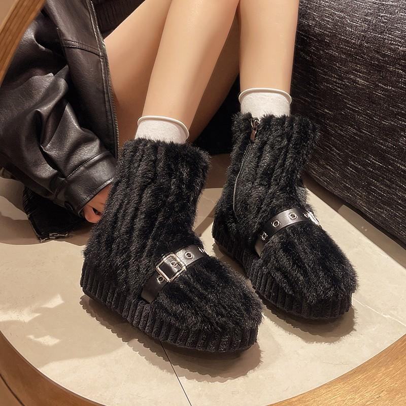 Fashion hairy side zipper thick-soled snow boots winter warm velvet belt buckle casual short boots tide