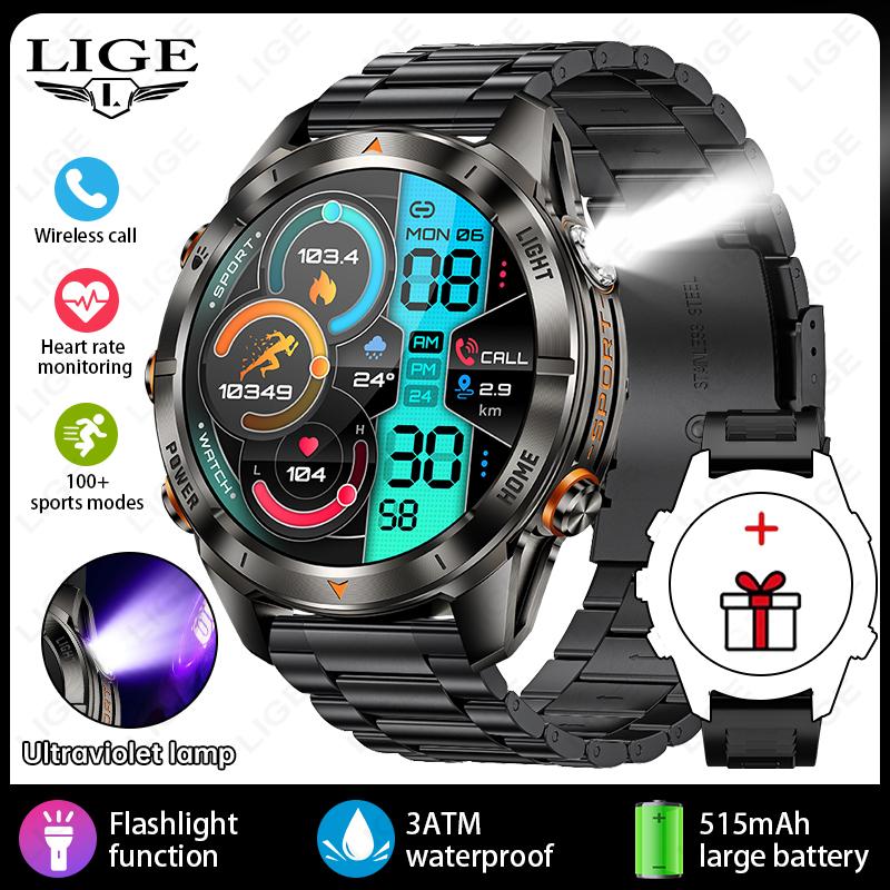 Military Smart Watch Men 3ATM Waterproof 1.46" AMOLED Screen LED Flashlight 515mAh Battery Heart Rate Sports BT Call Smartwatch