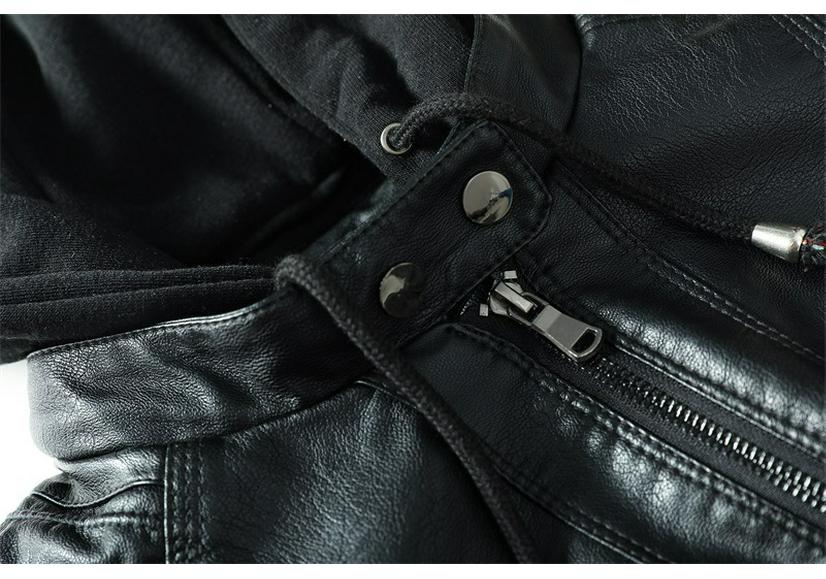 European Women's Slim Fit PU Leather Motorcycle Jacket with Detachable Hood