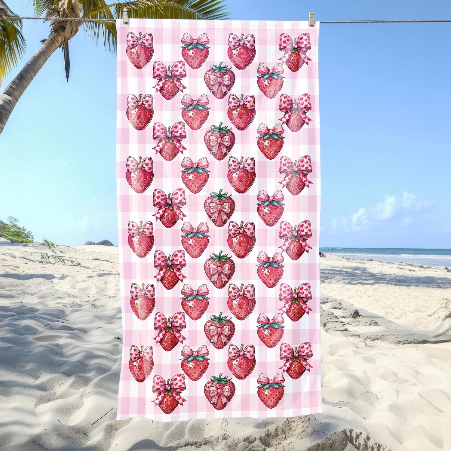 Strawberry Beach Towel, Cute Gingham Picnic Style Summer Towel, Soft Sand Free Towel for Pool Beach,Light Towel W30*H60(CM)