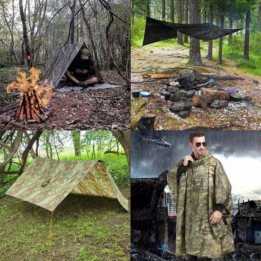 Tencen Camouflage Rain Perfect for and Outdoor Includes Storage One Size Fits Unisex Poncho, Waterproof, 3-Way Raincoat, Airsoft, Camping, Activities,