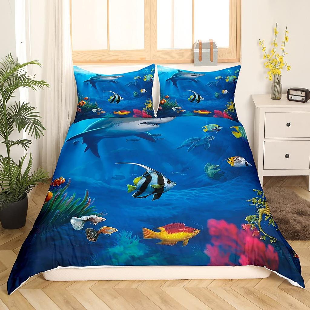 Fish Duvet Cover Set Ocean Bedding Sets 3D Printed Underwater World With Shark Dolphin Coral Reef Pattern Quilt Cover Set 2/3pcs