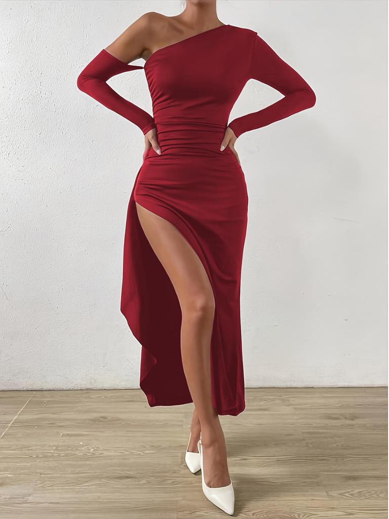 Summer Long Sleeve Off-Shoulder Bodycon Dress with Irregular Slit