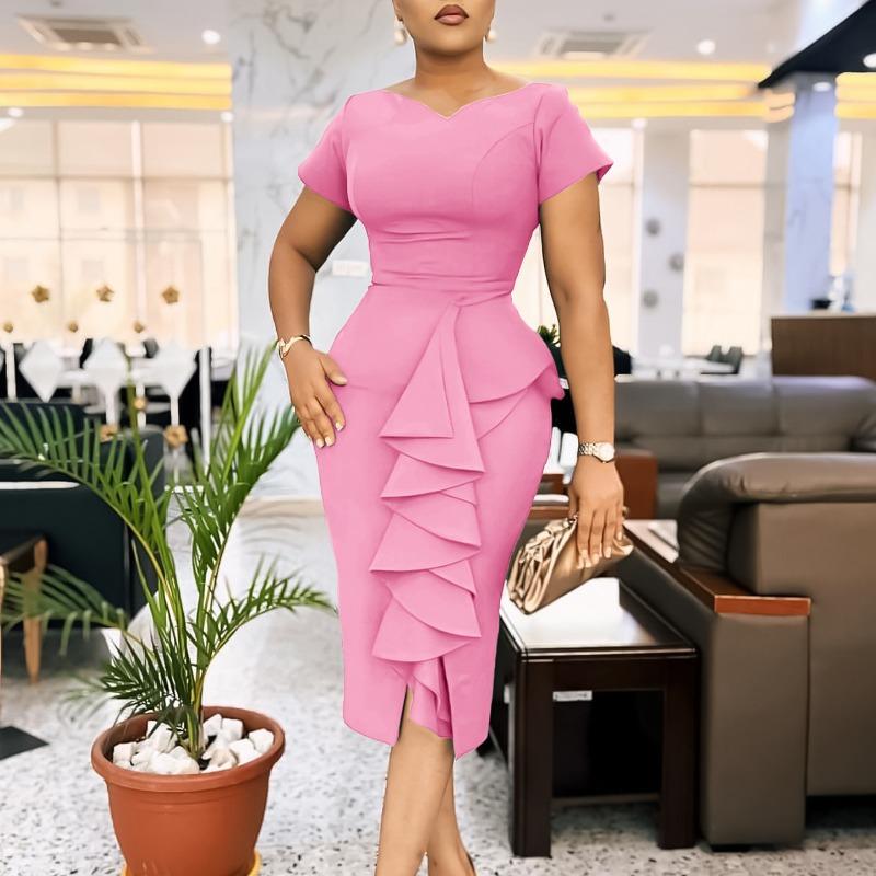 Large size women's clothing new short-sleeved solid color hip-wrapped ruffle leaf edge high-waisted Tongle dress