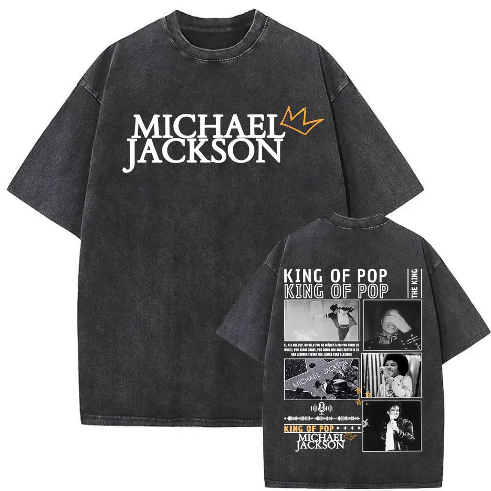 Michael Jackson King of Pop MJ Vintage Washed T-Shirt Herren Damen High Street Gothic Klassisches T-Shirt Sommer Oberteile Hip Hop T-Shirt
