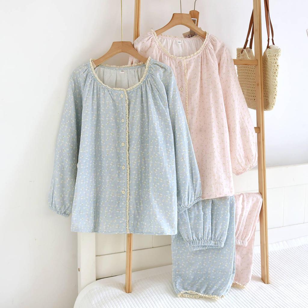 Women's Floral Print Pure Cotton Gauze Pajama Set - Spring/Summer Long Sleeve & Pants