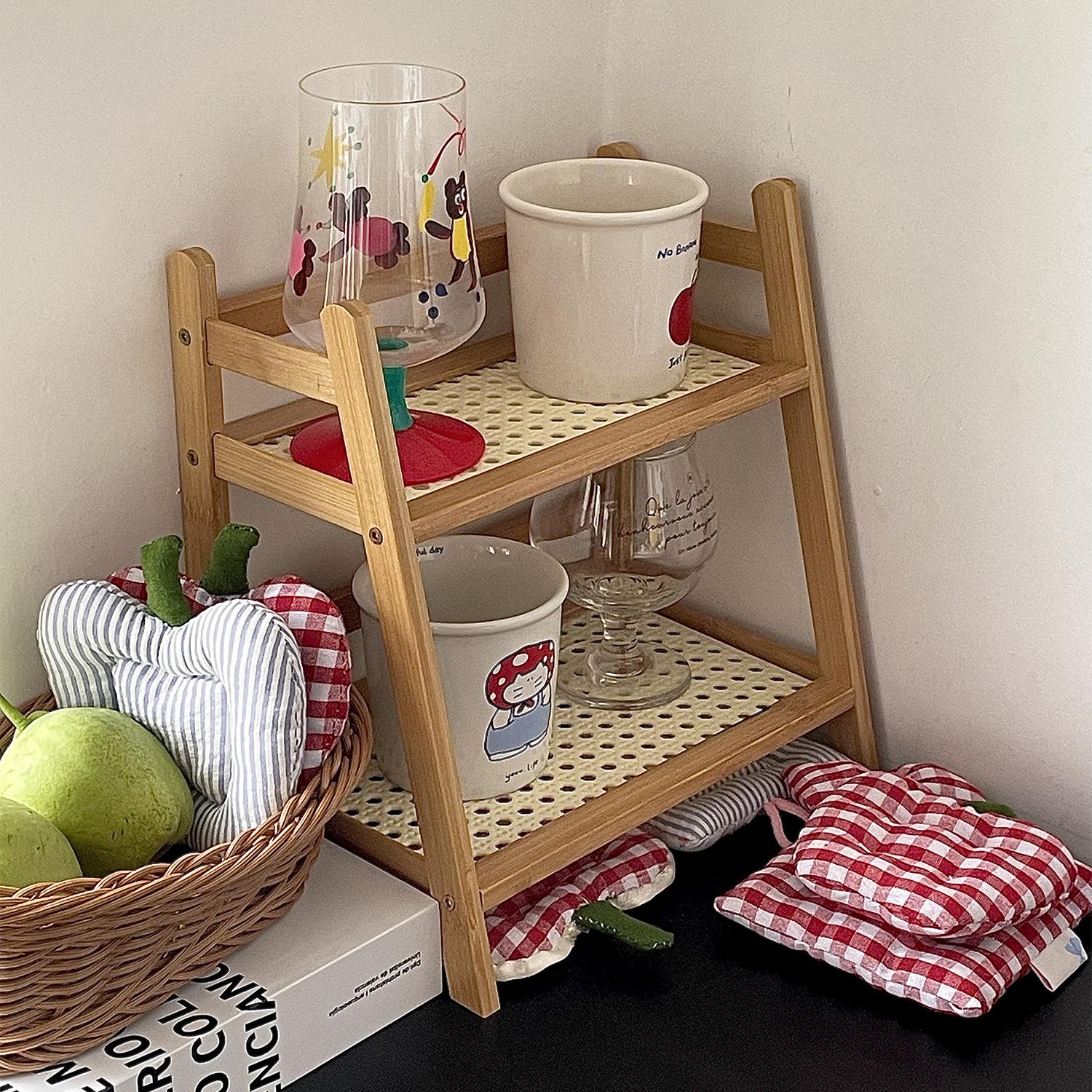

Desktop Cup Storage Rack Organizer Imitation Rattan Cup Rack Double-layer Coffee Corner Cup Sundries Storage Rack Kitchen Shelf