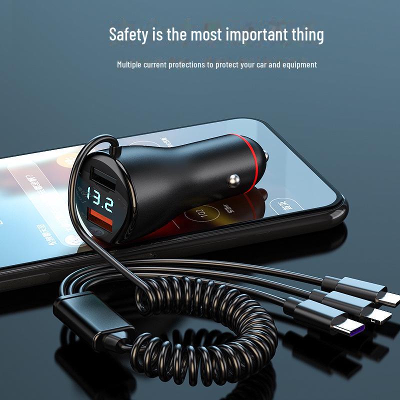 65W Dual USB Car Charger with QC3.0 Fast Charging, Multi-Function Digital Display, and One-to-Three Splitter