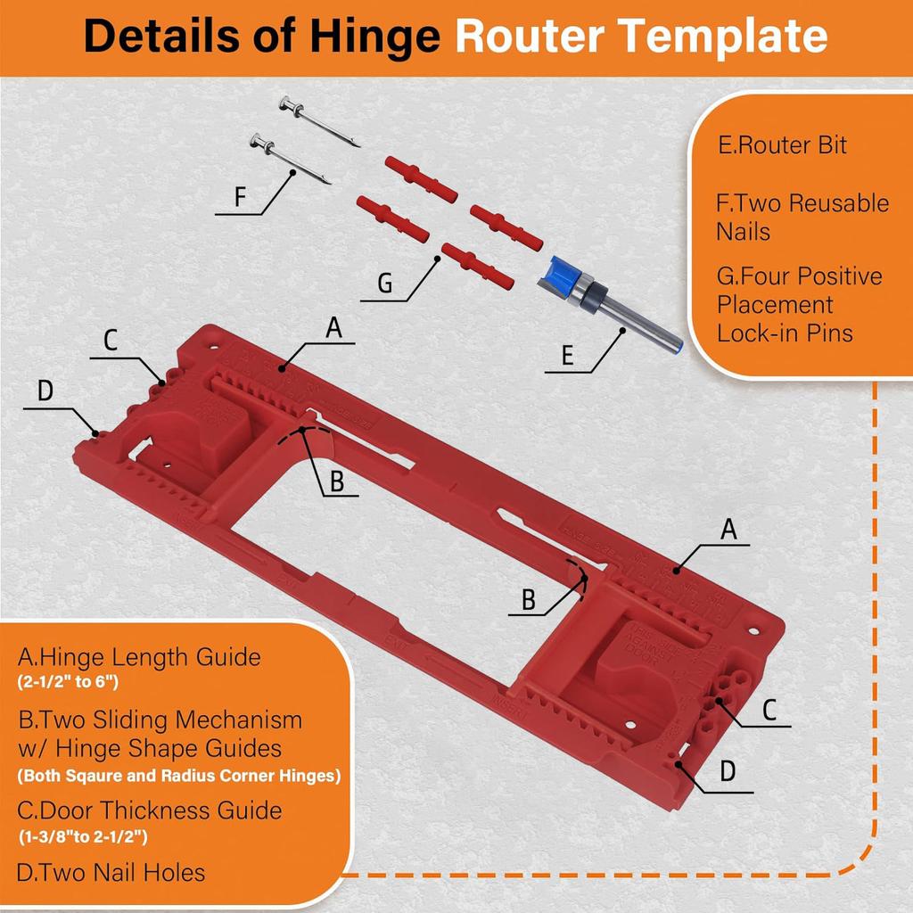 Door Hinge Jig, Door Hinge Template Compatible with 8 Hinge Sizes from 2-1/2" to 6" and 5 Door Thickness from 1-3/8" to 2-1/2"