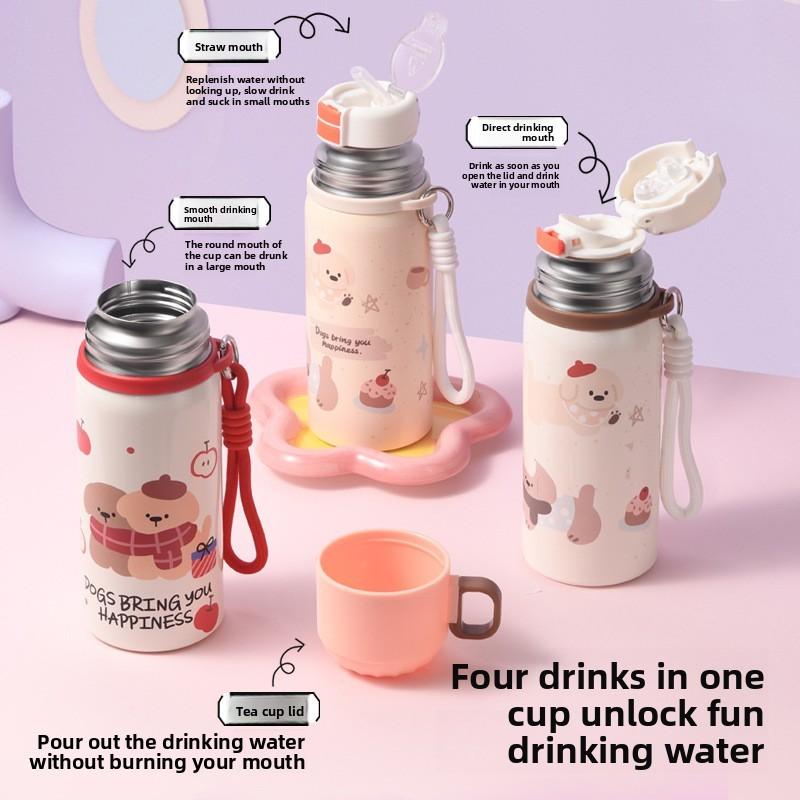 Cartoon Kids Puppy Insulated Water Bottle With Straw For Travel Outdoor And