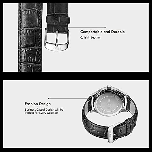 BUREI Men's Leather Watch, Popular Brand, Analog, Roman Numeral, Simple Design, Waterproof, Stylish, Commuter, Business, Silver White