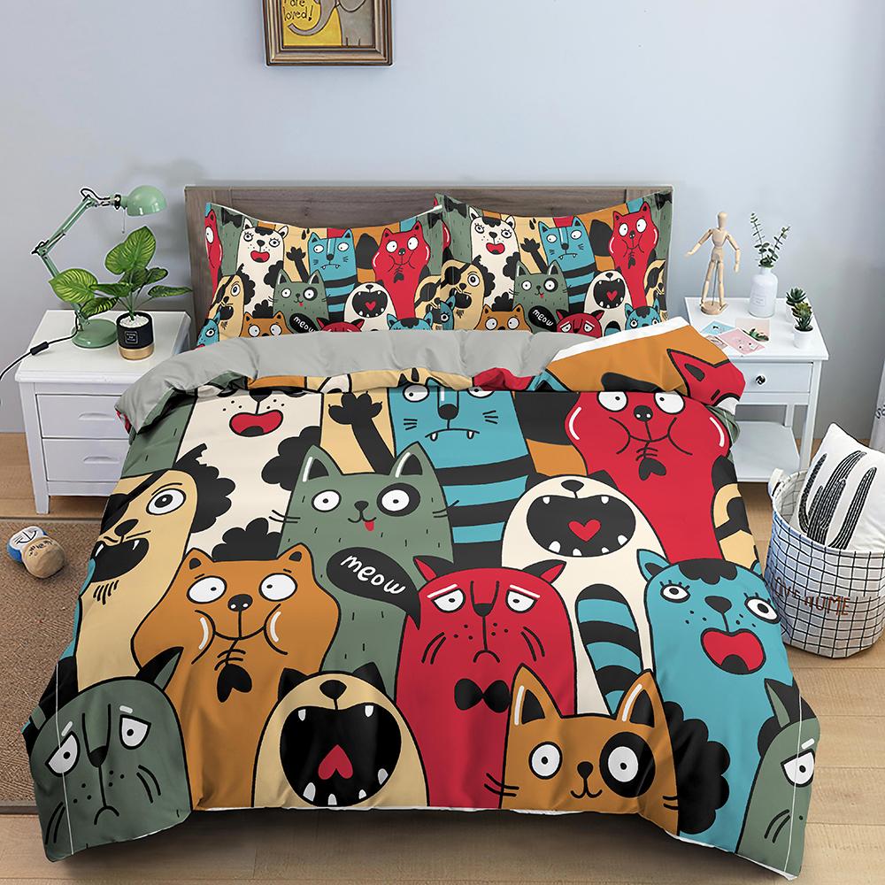 Cartoon Cat Duvet Cover King Queen Lovely Kitty Feet Pattern Bedding Collection For Kids Boys Girls Animal 23Pcs Polyester Quilt Cover