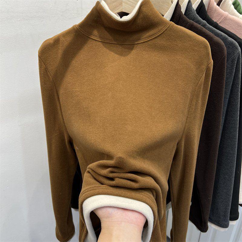 Women s Two-Piece Look Color-Block Warm Long-Sleeve Slimming T-Shirt for Autumn/Winter Black [Solid Color]