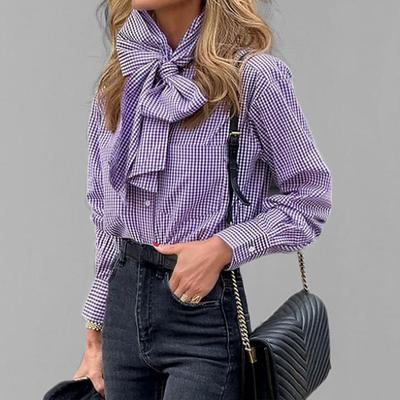 Spring Women's Street Fashion Plaid Butterfly Collar Long Sleeve Shirt