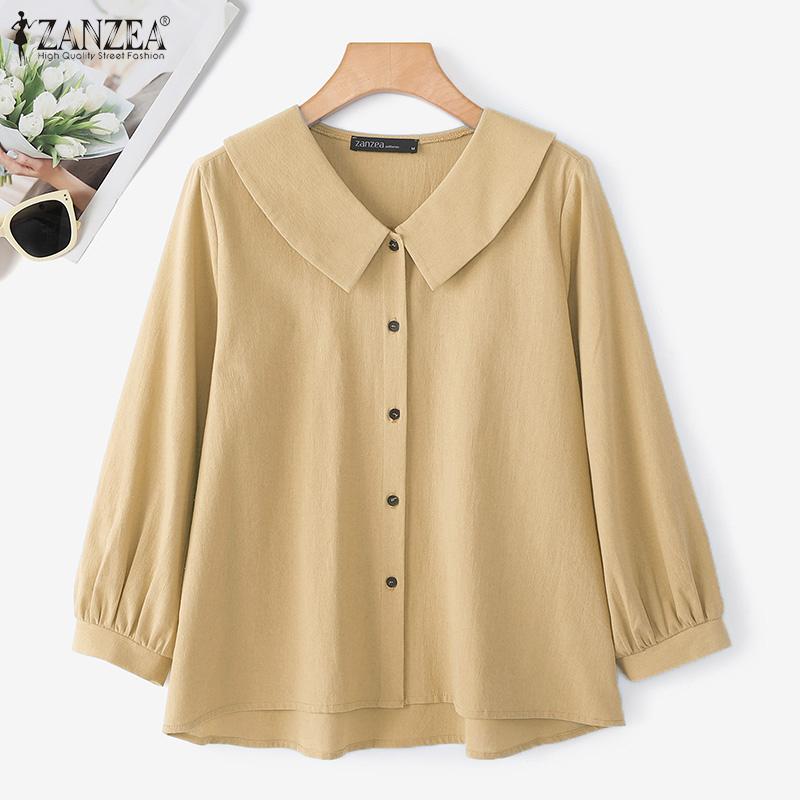 ZANZEA Women Turn Down Collar Loose Casual Long Sleeve Plain Blouse