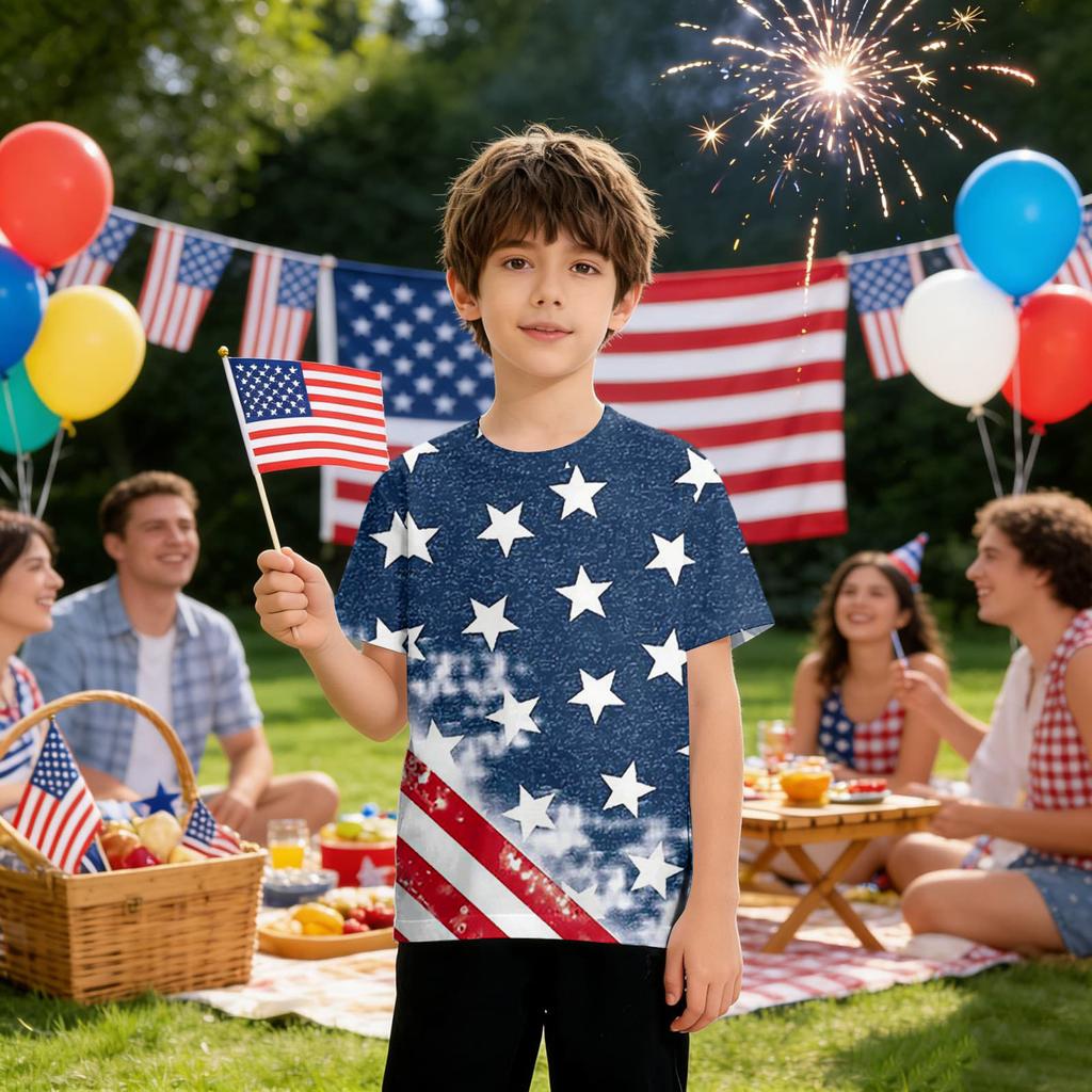 Kids Independence Day Print Round Neck Short Sleeve Casual T-shirt