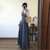 Tall 72 Extended Version of Summer French Neck V-neck Suspender Dress Temperament Thin Blue Plaid Dress