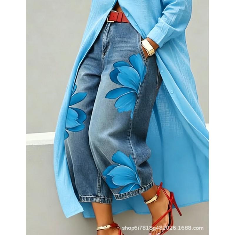 2026 Womens Wide Leg Denim Pants Loose Fit Printed Casual Trousers Mid-Rise Straight Cut