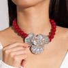 Retro Light Luxury Acrylic Beaded Necklace, Retro Three-dimensional Alloy Flower Pendant Necklace for Women
