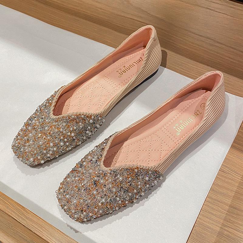

Square head sequined single shoes women s flat bottom shallow mouth new soft sole Doudou shoes summer ladyshoes large size 41-43 33 рожевий