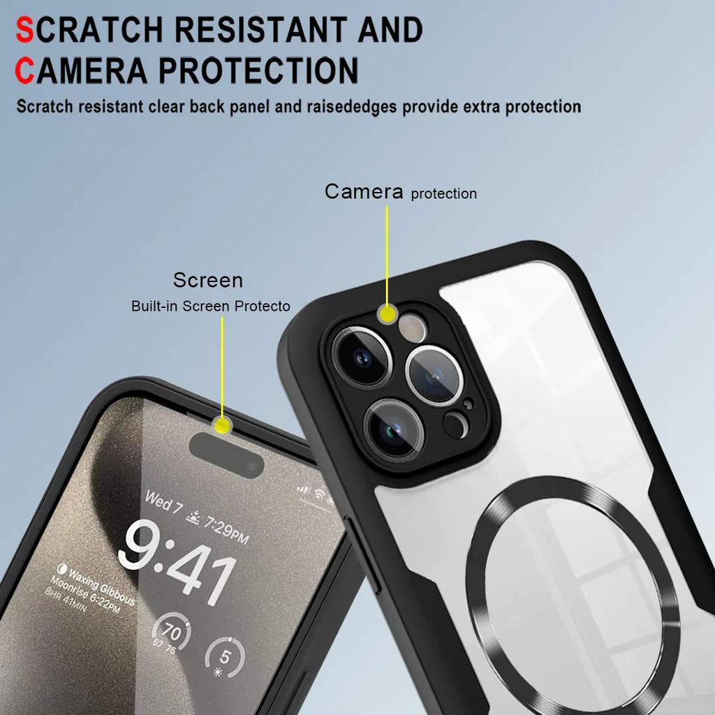 New 360 Full Protection Double Sided Clear Phone Case for iPhone 11 12 13 14 15 16 17 Pro Max Wireless Charging Magnetic Cover