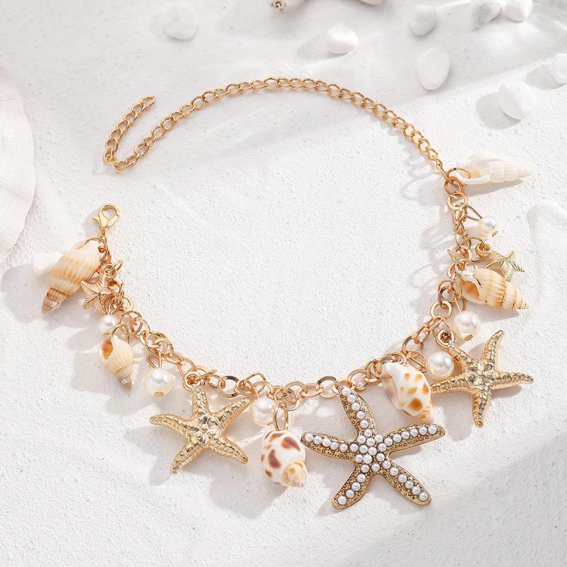 Ocean Bohemian Style Starfish & Shell Anklet with Rhinestones & Pearls