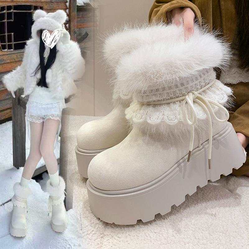 Women's thick bottom hairy mouth butterfly lace fashion winter lightweight warm anti cold snow boots non-slip casual sneakers cotton boots