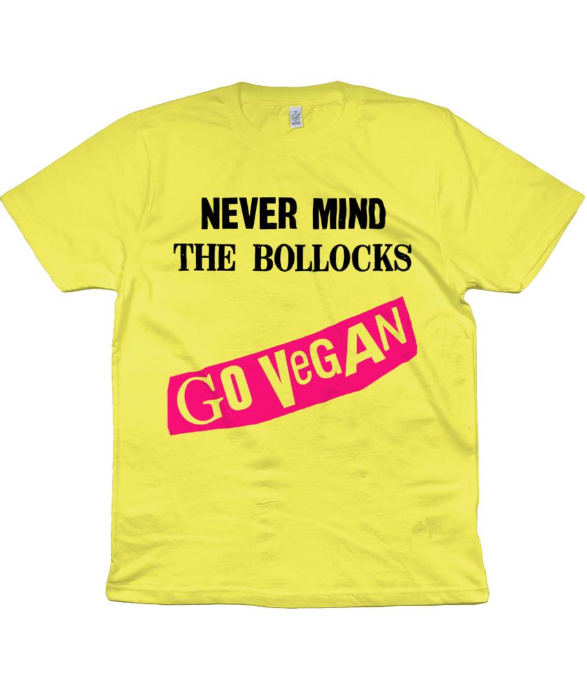 

NEVER MIND THE BOLLOCKS - GO VEGAN - Yellow - Organic T Shirt - Punk 3XL