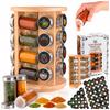 Wooden Rotating Round Spice Rack + 16 Spice Jars + 80 Black-Colored Spice Labels, Size 36