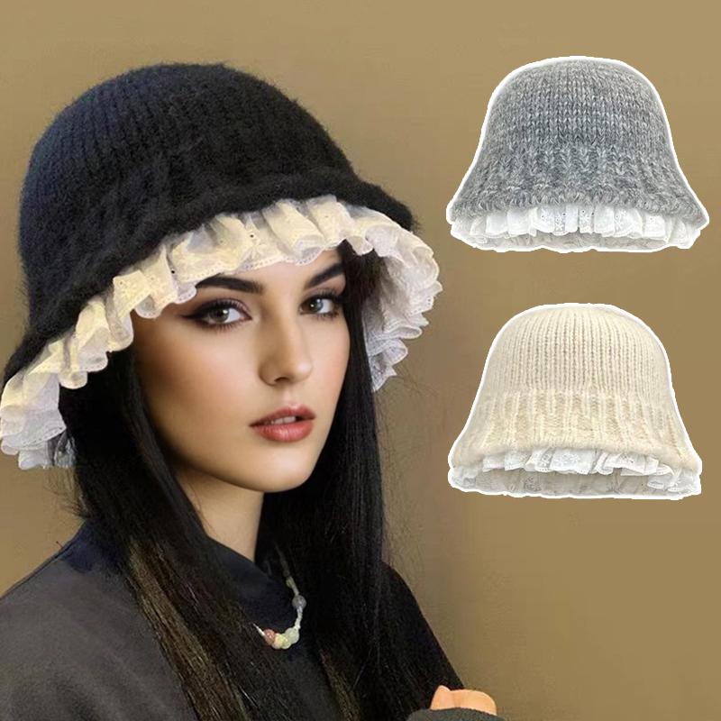 1PC Knitted Slimming Hat Oversized Fisherman Hat Fashionable Lace Elegant Trimmed Korean Bucket Warm 53-60cm