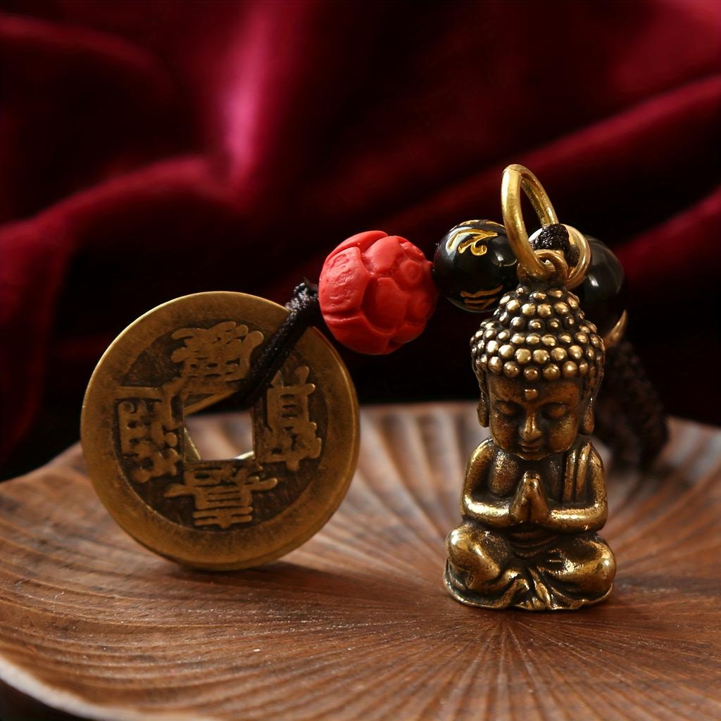 Vintage Bronze Copper Alloy Keychain with Buddha Pendants, Unplated Precious Metal Charm, Non-Textile Weaving, Car Keyring for Men and Women