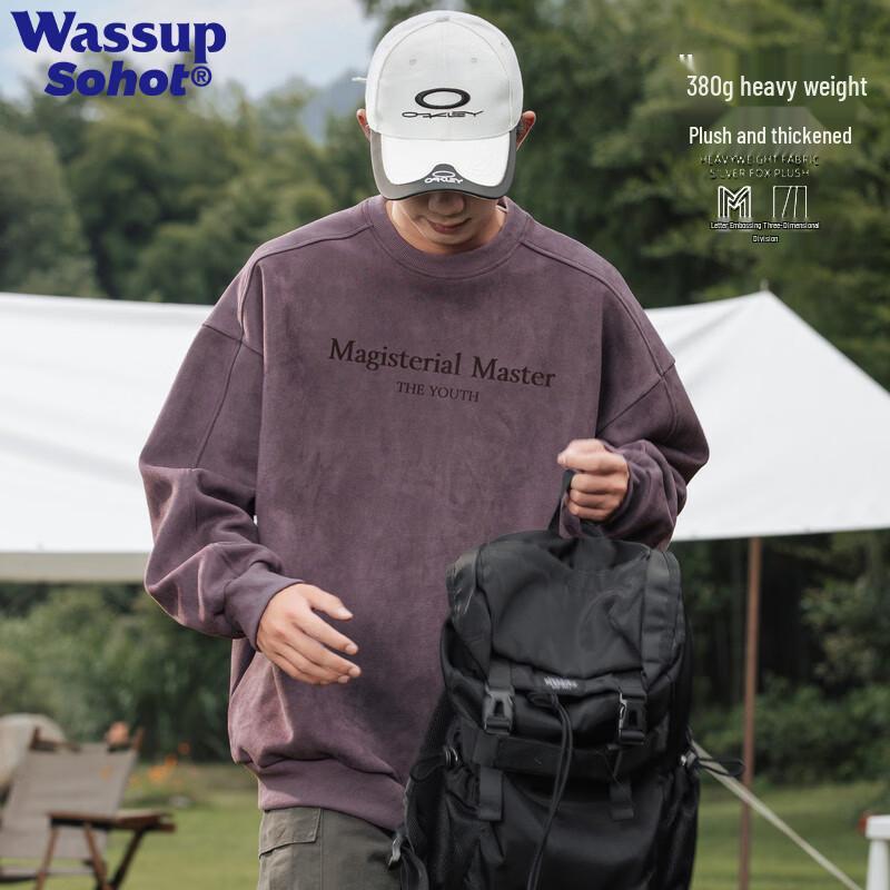 Wassup Sohot Men s Heavyweight Letter Print Suede Crewneck Sweatshirt 3XL