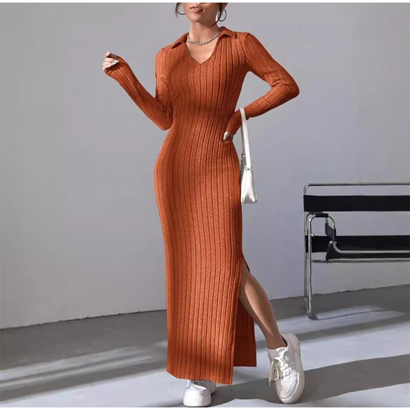 Women's Knit Dress Fall Casual Long Sleeve Lapel Collar Solid Color Bodycon Long Dresses Maxi for Female Going Out Streetwear