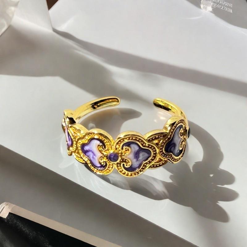 Violet Purple Enamel Drip Open Ring Medieval French High Sense Flower Ring Female