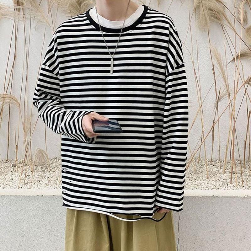 Jerséis Elegantes de Rayas con Agujeros Ropa de Hombre Básicos Holgados Primavera Otoño Casual Cuello Redondo Colores Contrastantes Camisetas de Manga Larga